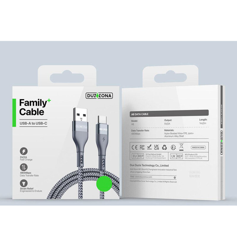 Cablu USB-C Fast Charging 2.4A, 12W, 480Mbps Duzzona A8, 2m
