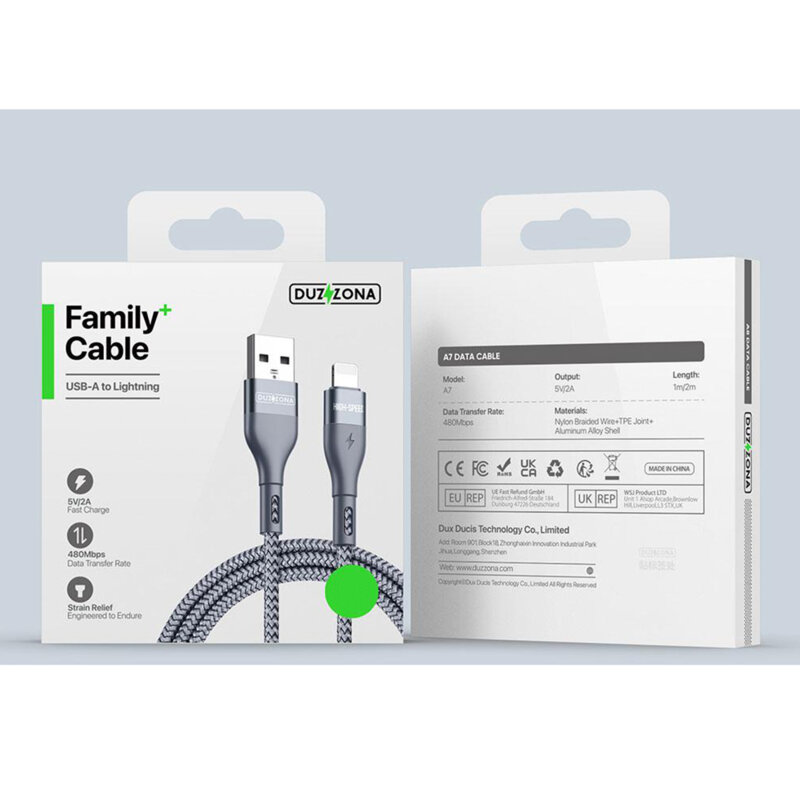 Cablu Lightning Fast Charge 2.4A, 12W, 480Mbps Duzzona A7, 1m