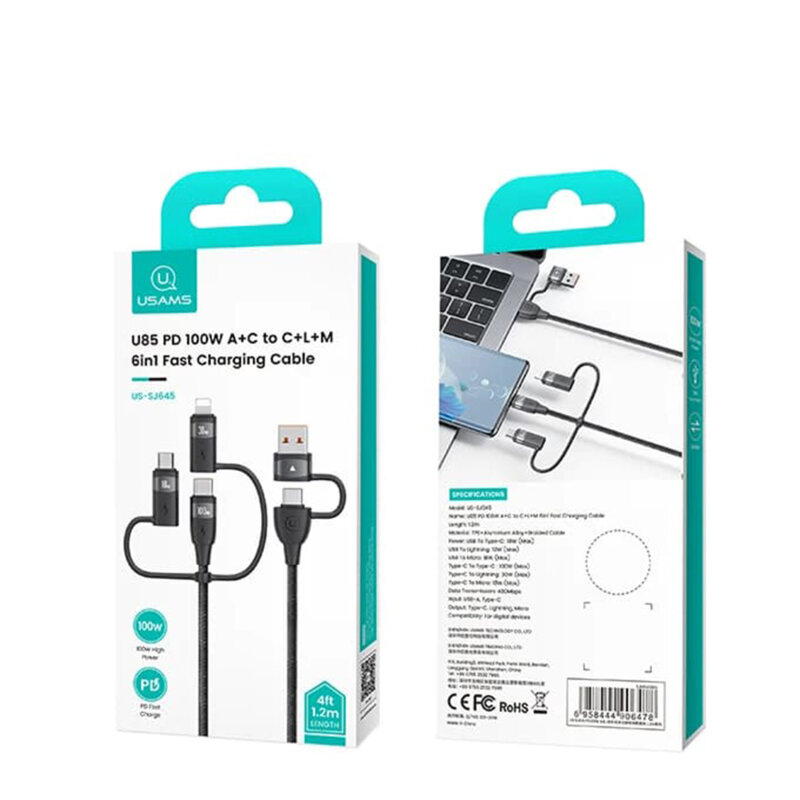 Cablu 6in1 Apple, Micro-USB, tip C PD100W Usams U85, mov, US-SJ645