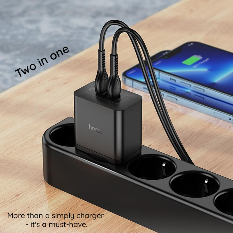 Incarcator priza 2x USB-C PD45W + cablu Type-C Hoco N35, alb