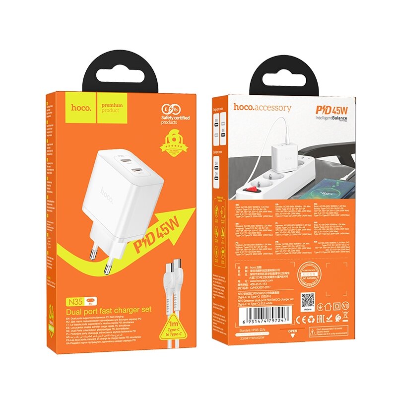 Incarcator priza 2x USB-C PD45W + cablu Type-C Hoco N35, alb