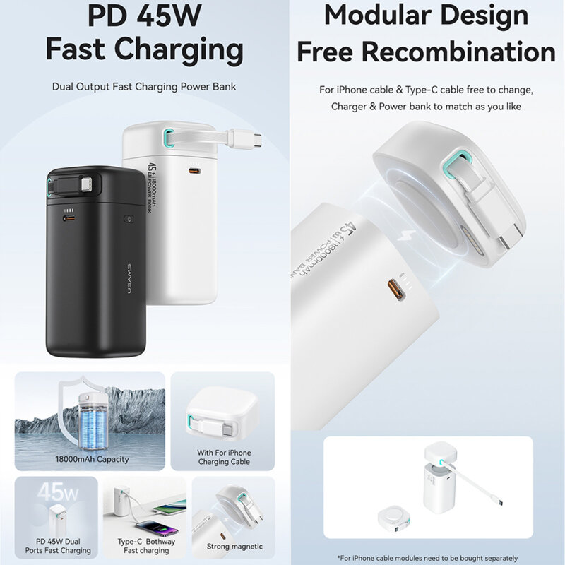Baterie externa 45W GaN cu cablu USB-C Usams, negru, US-CD216