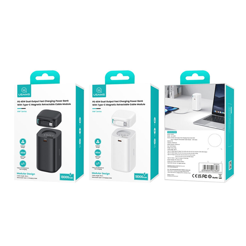 Baterie externa 45W GaN cu cablu USB-C Usams, negru, US-CD216