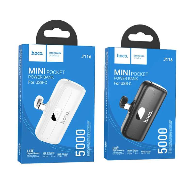 Power bank USB-C cu display LED 5000mAh Hoco J116, alb
