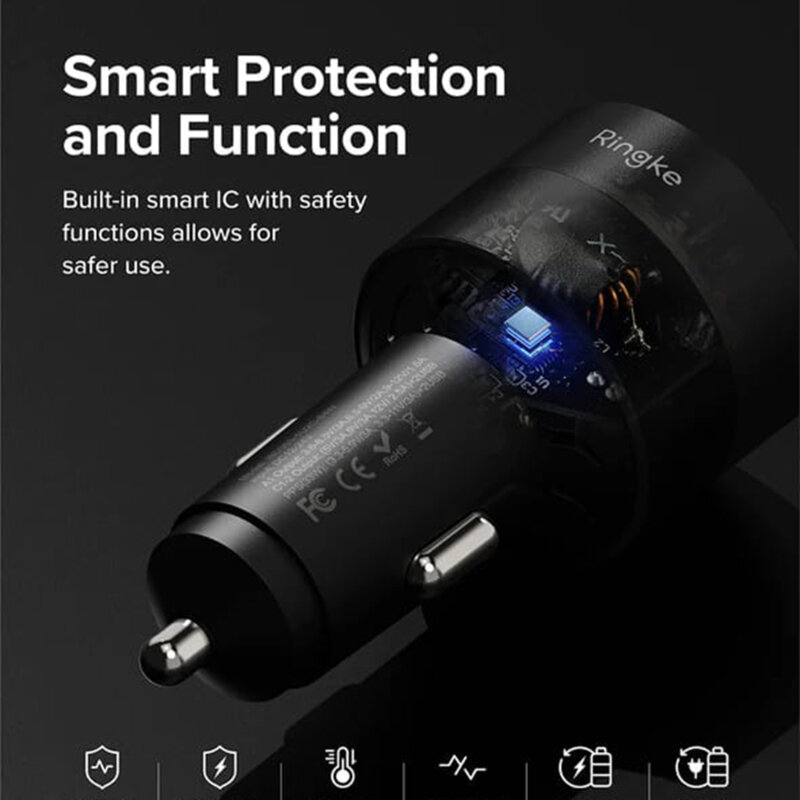 Incarcator auto USB, 2x Type-C Ringke, PD30W, QC3.0, negru