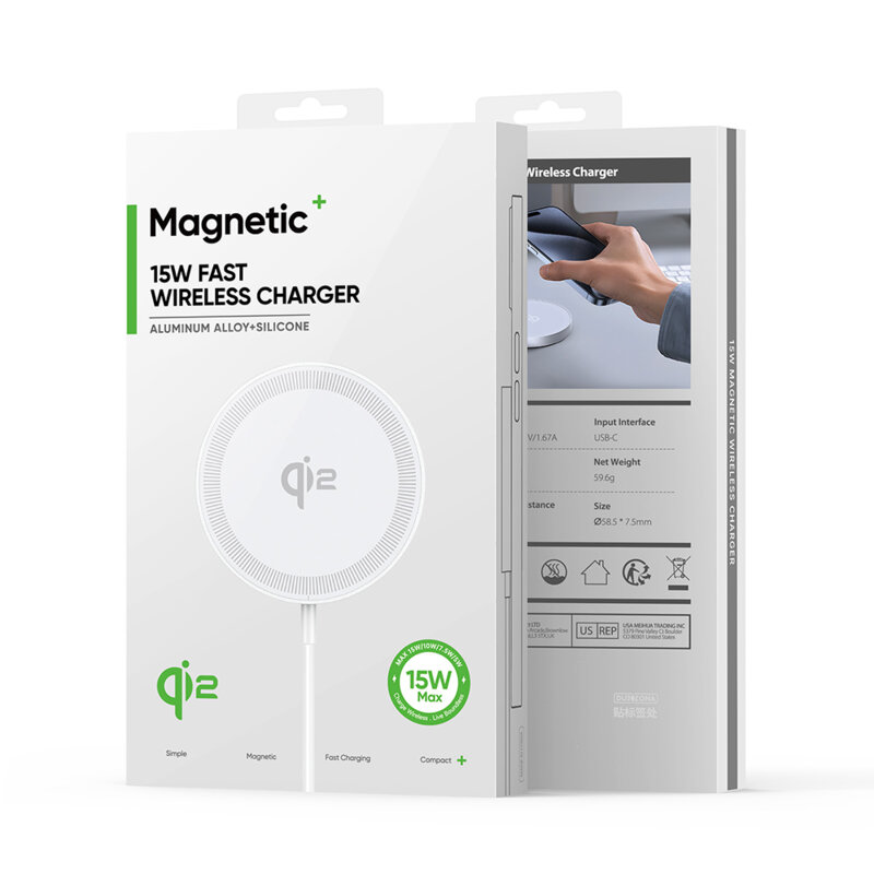 Incarcator wireless magnetic Qi2 pentru iPhone Duzzona W18, alb