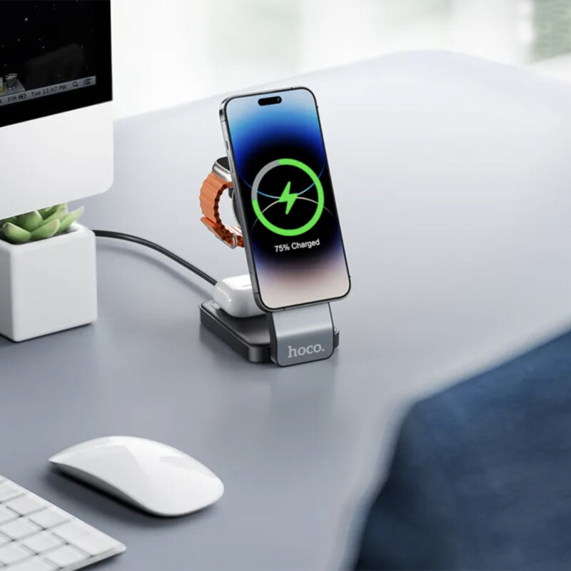 Statie incarcare MagSafe Hoco CQ3, iPhone, iWatch, AirPods, alb