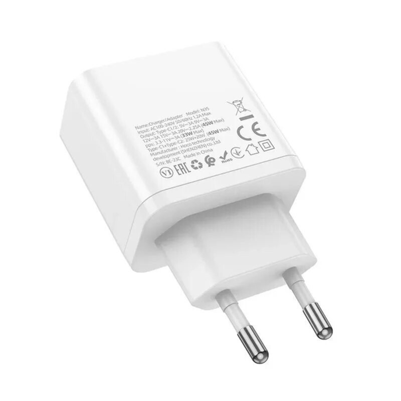 Incarcator priza 2x USB-C PD45W + cablu Type-C Hoco N35, alb