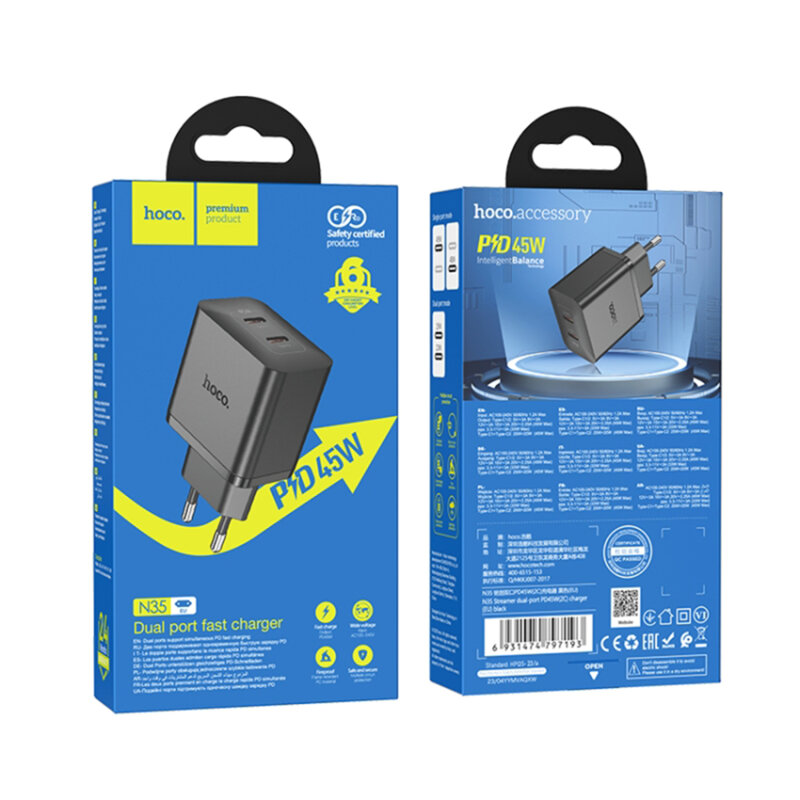 Incarcator priza Fast Charger USB-C PD45W Hoco N35, negru