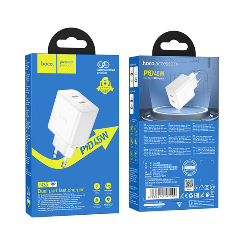 Incarcator priza Fast Charger USB-C PD45W Hoco N35, alb