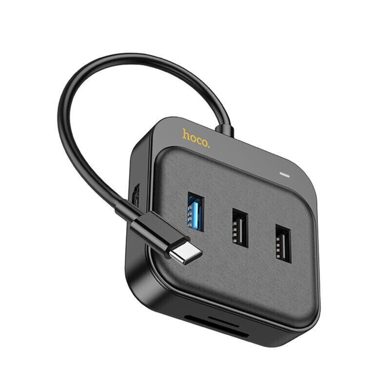 Adaptor Type-C la HDMI, SD, TF, USB Hoco HB38, PD100W, negru