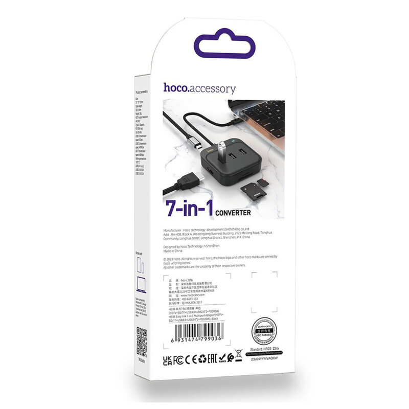 Adaptor Type-C la HDMI, SD, TF, USB Hoco HB38, PD100W, negru