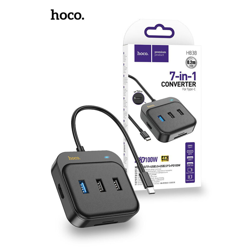 Adaptor Type-C la HDMI, SD, TF, USB Hoco HB38, PD100W, negru