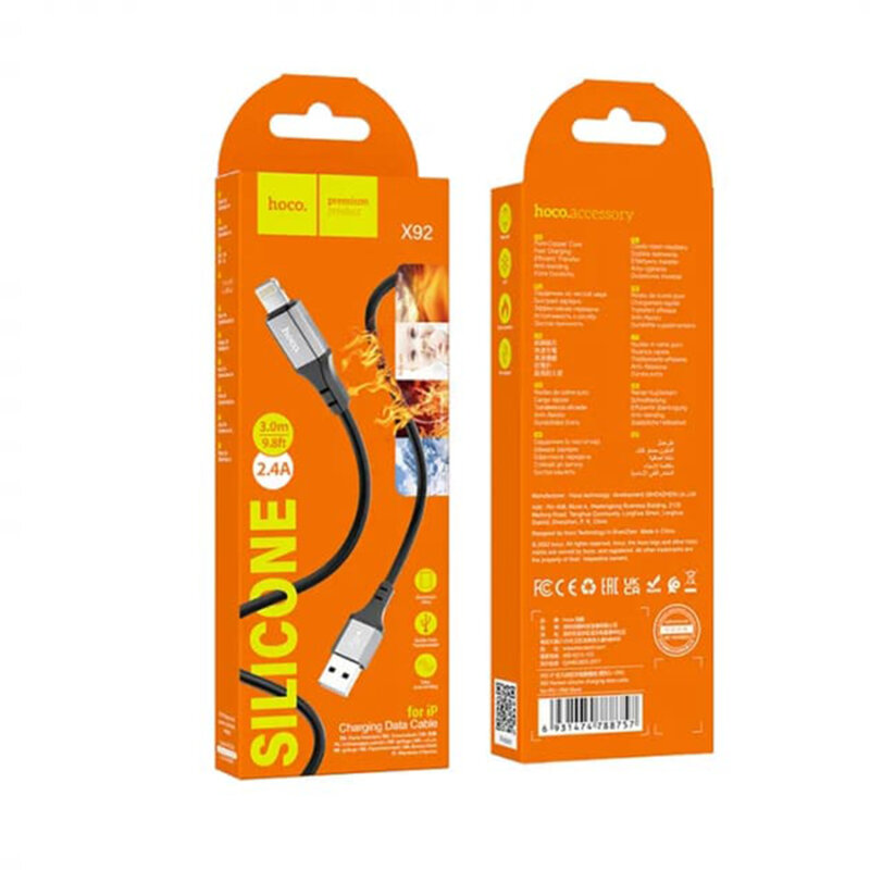 Cablu de date USB la Lightning, 2.4A, 3m Hoco X92, negru