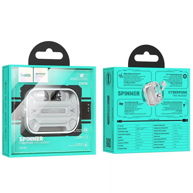 Casti gaming Bluetooth TWS cu microfon Hoco EW55, argintiu