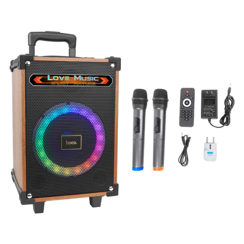 Boxa karaoke cu 2 microfoane Hoco HA2, cu lumini RGB, TWS