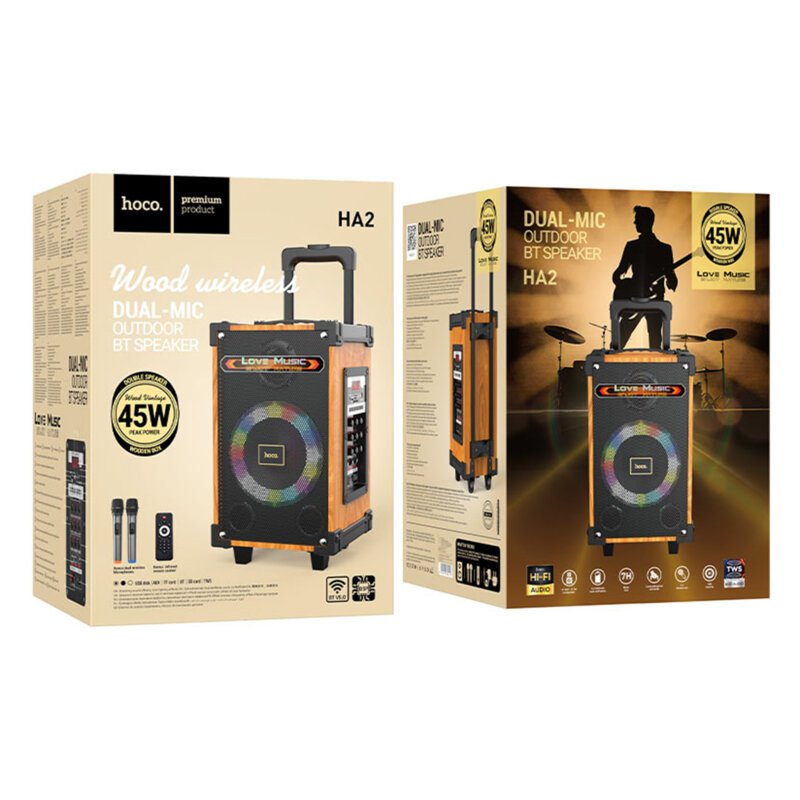 Boxa karaoke cu 2 microfoane Hoco HA2, cu lumini RGB, TWS