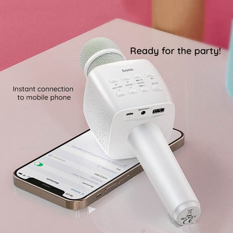 Microfon portabil wireless karaoke Hoco BK5, 5W, LED, alb