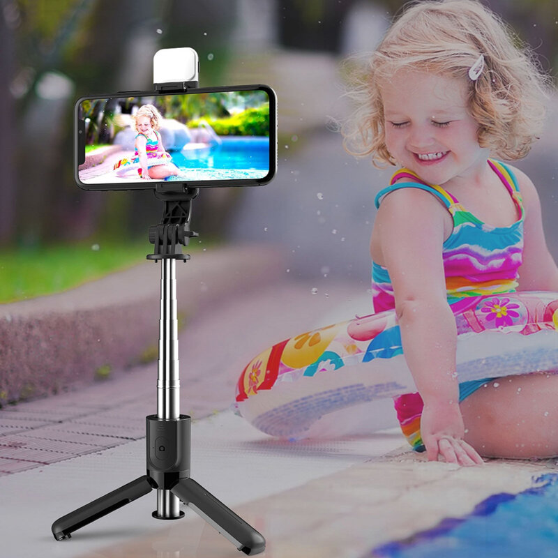 Selfie stick mini cu trepied, telecomanda, LED Techsuit L11s, 75cm