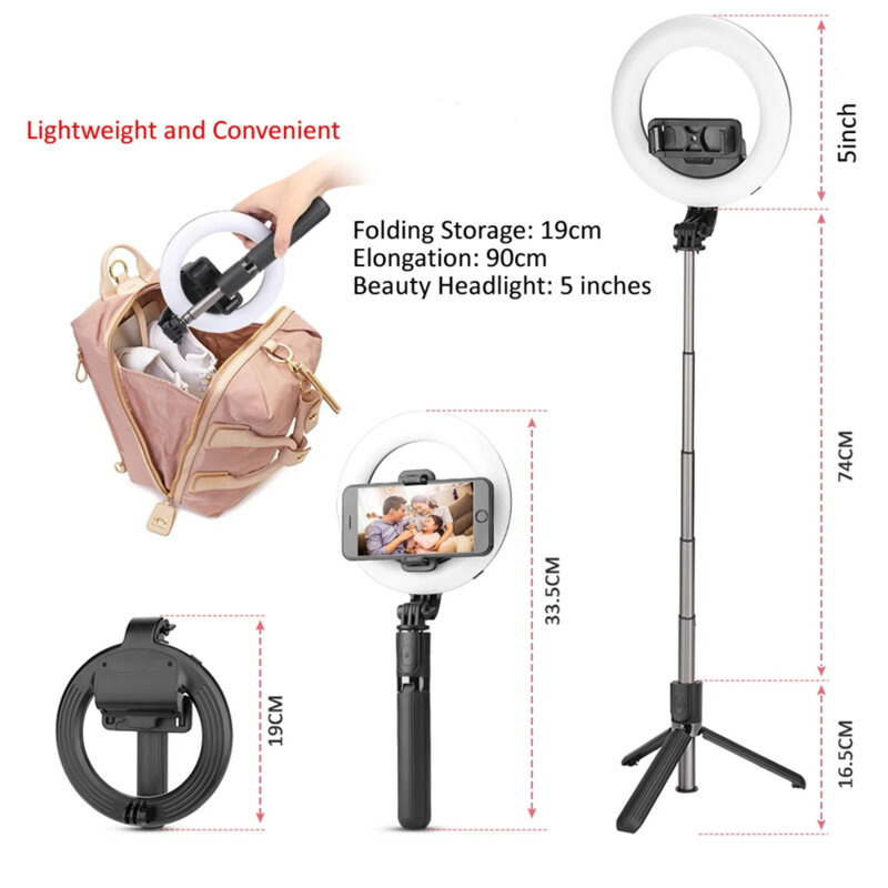 Selfie stick cu trepied si ring light Techsuit L07, 90cm