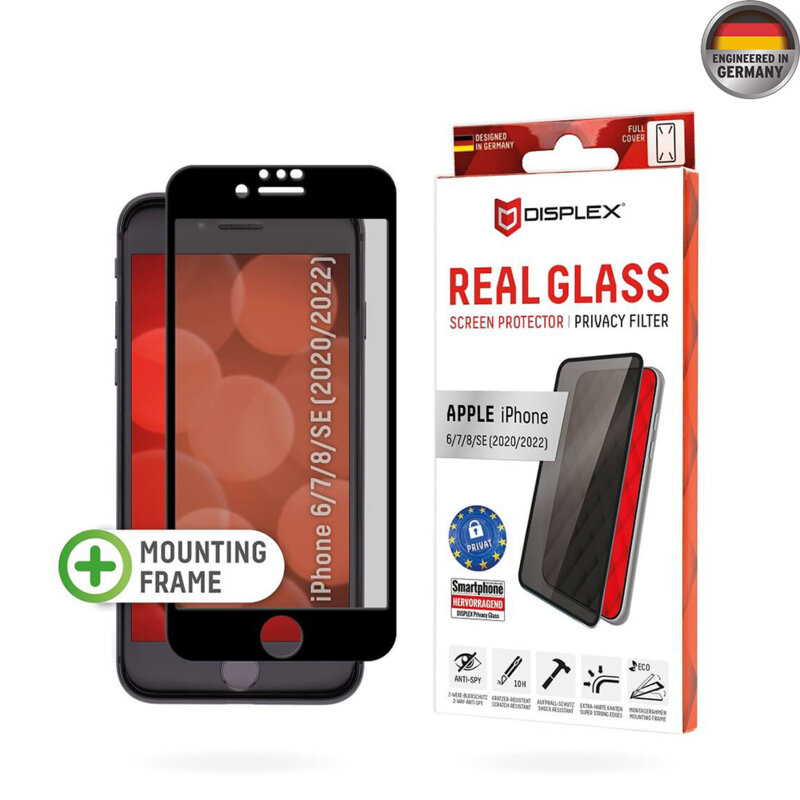Folie sticla premium iPhone SE 3, SE 2022 Displex Real Glass Privacy Full Cover, negru