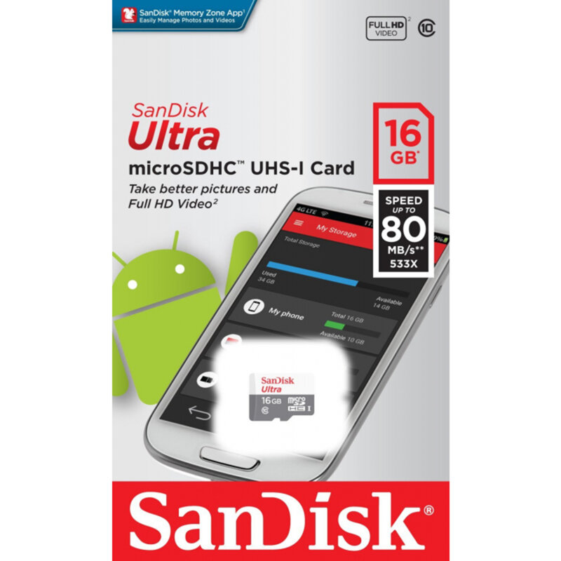 Card memorie 16GB SanDisk Ultra, Android, SDSQUNS-016G-GN3MN