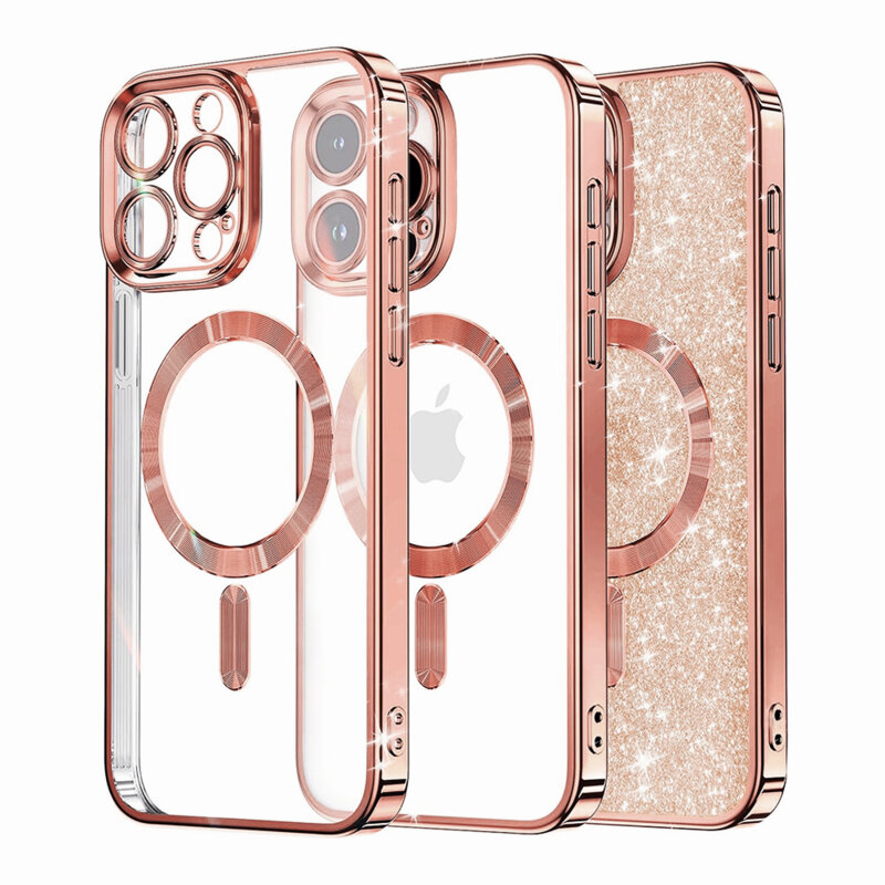 Husa premium iPhone 12 Pro Techsuit Luxury Glitter MagSafe, roz auriu