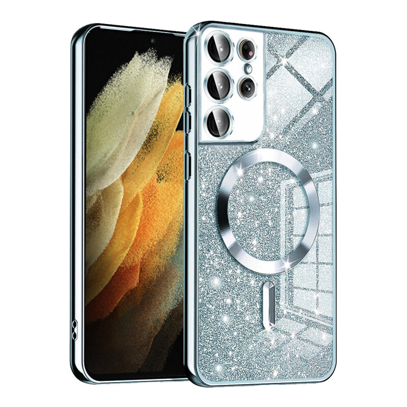 Husa premium Samsung Galaxy S21 Ultra 5G Techsuit Luxury Glitter MagSafe, bleu