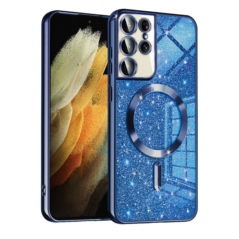 Husa premium Samsung Galaxy S21 Ultra 5G Techsuit Luxury Glitter MagSafe, albastru