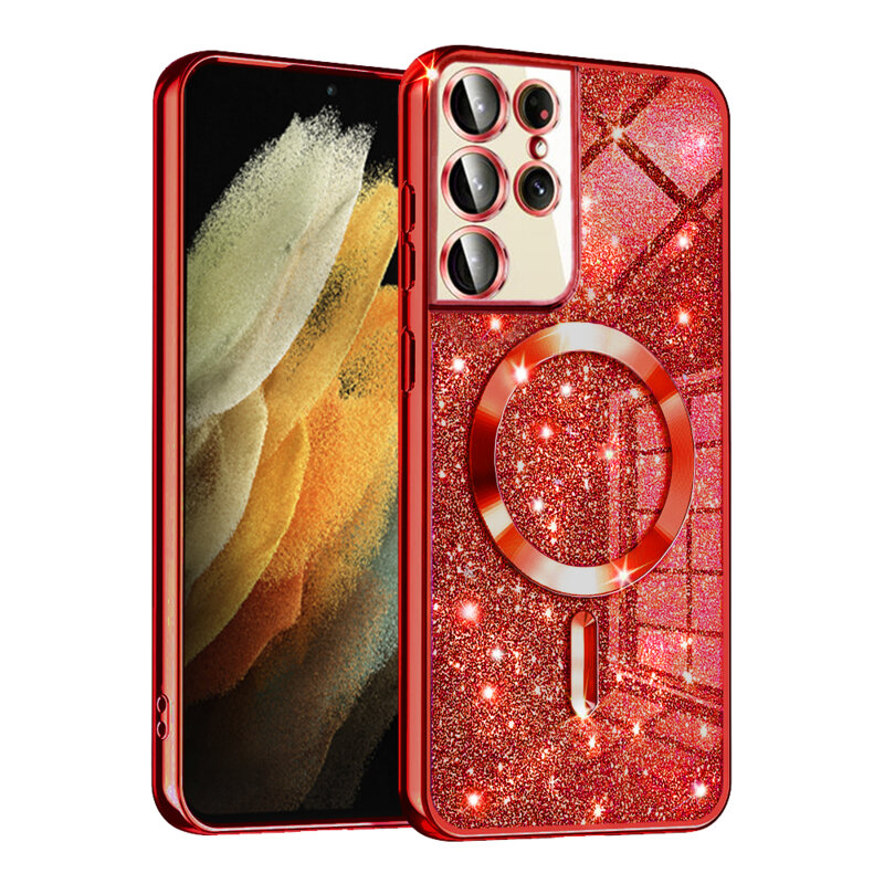 Husa premium Samsung Galaxy S21 Ultra 5G Techsuit Luxury Glitter MagSafe, rosu