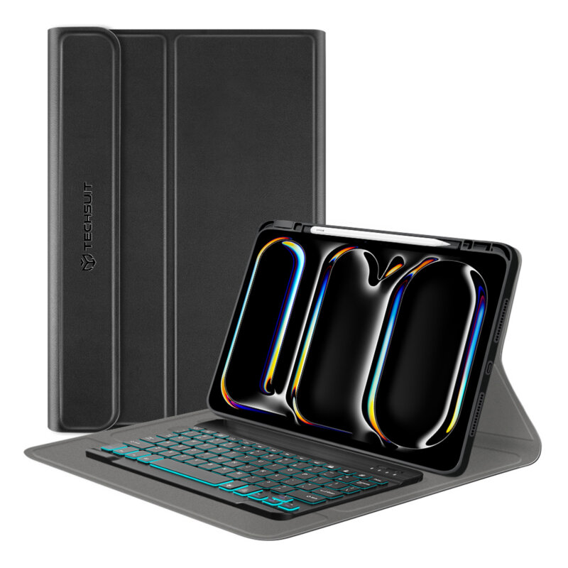 Husa iPad Pro 13 (2024) cu tastatura magnetica wireless RGB/pencil holder Techsuit CozyTab, negru