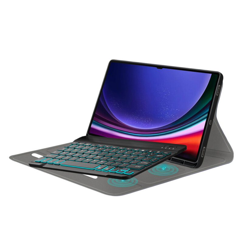 Husa Samsung Galaxy Tab S9 Ultra cu tastatura magnetica wireless RGB/pencil holder Techsuit CozyTab, negru