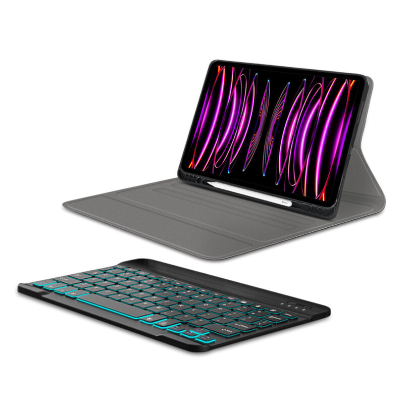 Husa iPad Pro 12.9 (2022) cu tastatura magnetica wireless RGB/pencil holder Techsuit CozyTab, negru