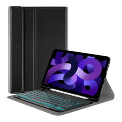 Husa iPad Air 5 (2022) cu tastatura magnetica wireless RGB/pencil holder Techsuit CozyTab, negru
