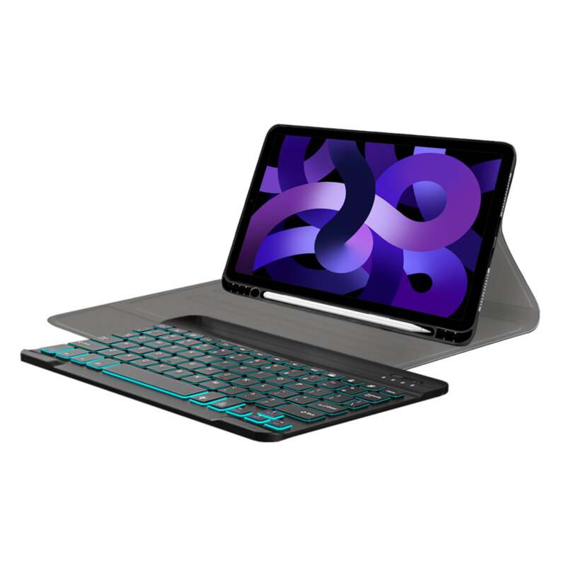 Husa iPad Air 5 (2022) cu tastatura magnetica wireless RGB/pencil holder Techsuit CozyTab, negru