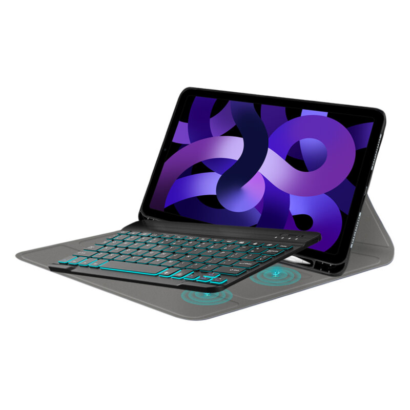 Husa iPad Air 5 (2022) cu tastatura magnetica wireless RGB/pencil holder Techsuit CozyTab, negru