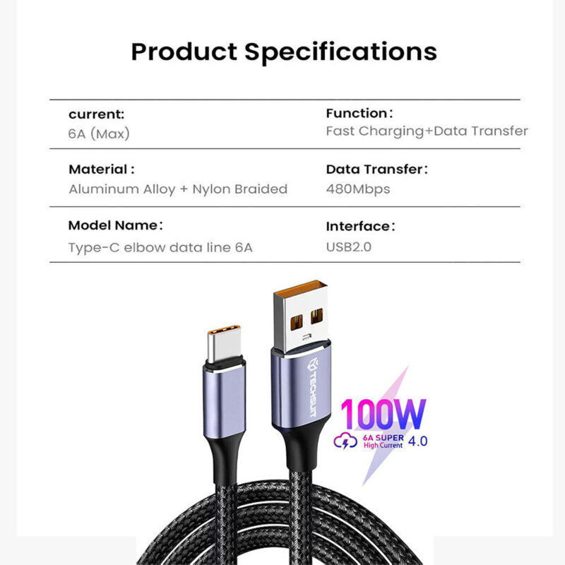 Cablu de date Super Fast Charging 100W Type-C Techsuit PCB018, 1m