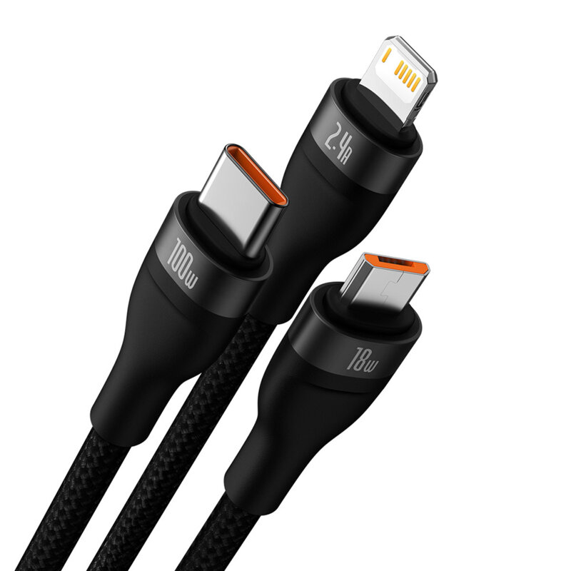 Cablu de date 3in1 Baseus Flash Series 2, 100W, 1.2m, negru