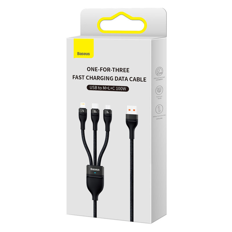 Cablu de date 3in1 Baseus Flash Series 2, 100W, 1.2m, negru