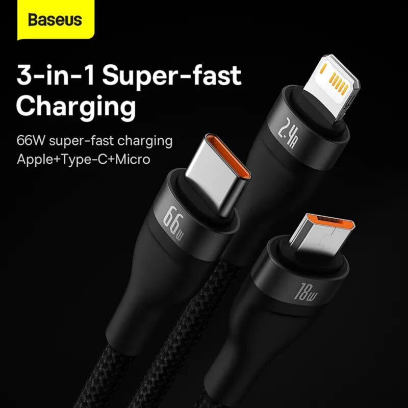 Cablu de date 3in1 Baseus Flash Series 2, 66W, 1.2m, negru