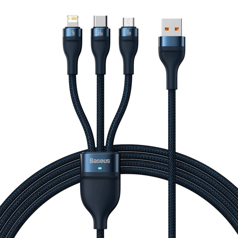 Cablu de date 3in1 Baseus Flash Series 2, 66W, 1.2m, albastru