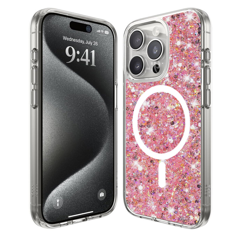 Husa cu sclipici iPhone 15 Pro Max Techsuit Sparkly Glitter MagSafe, roz