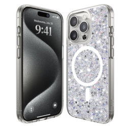 Husa cu sclipici iPhone 15 Pro Max Techsuit Sparkly Glitter MagSafe, alb