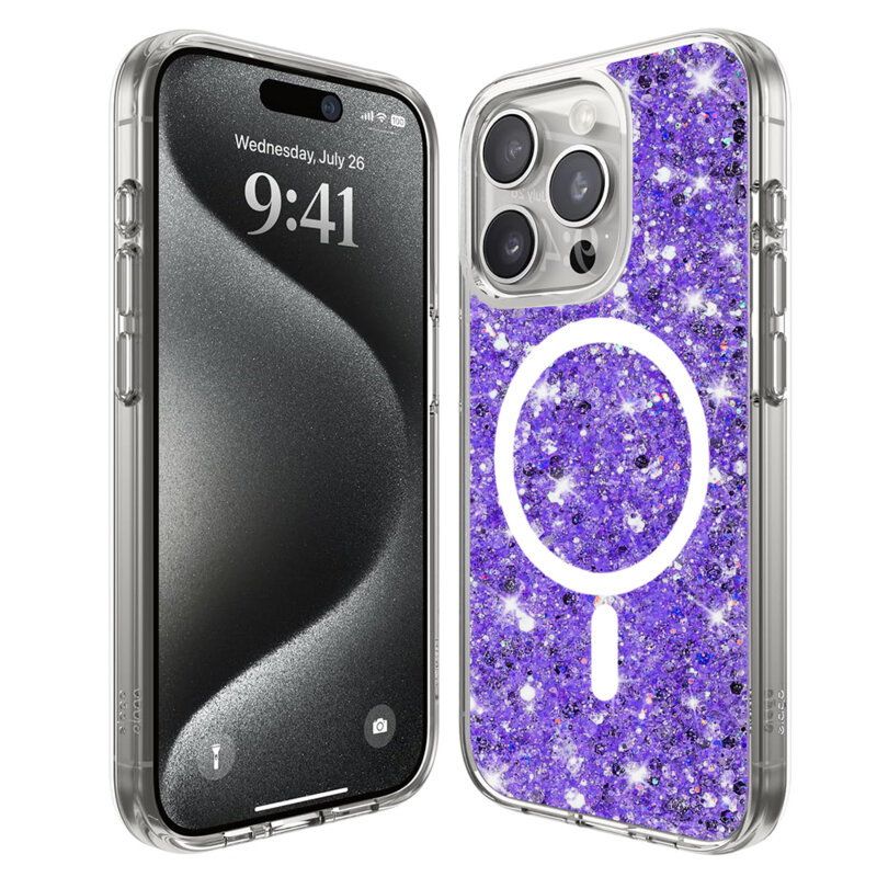 Husa cu sclipici iPhone 15 Pro Techsuit Sparkly Glitter MagSafe, mov