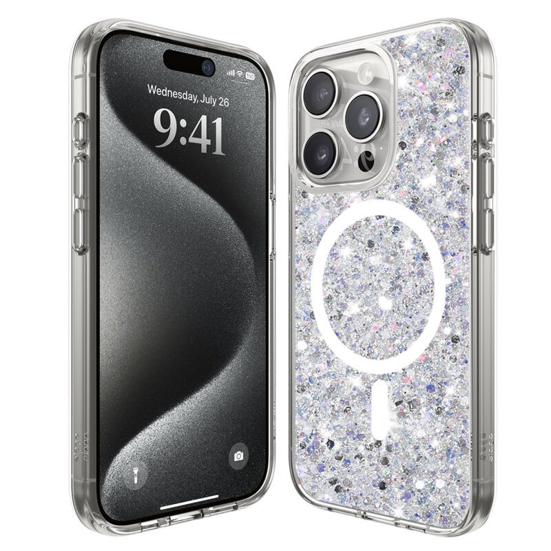 Husa cu sclipici iPhone 15 Pro Techsuit Sparkly Glitter MagSafe, alb