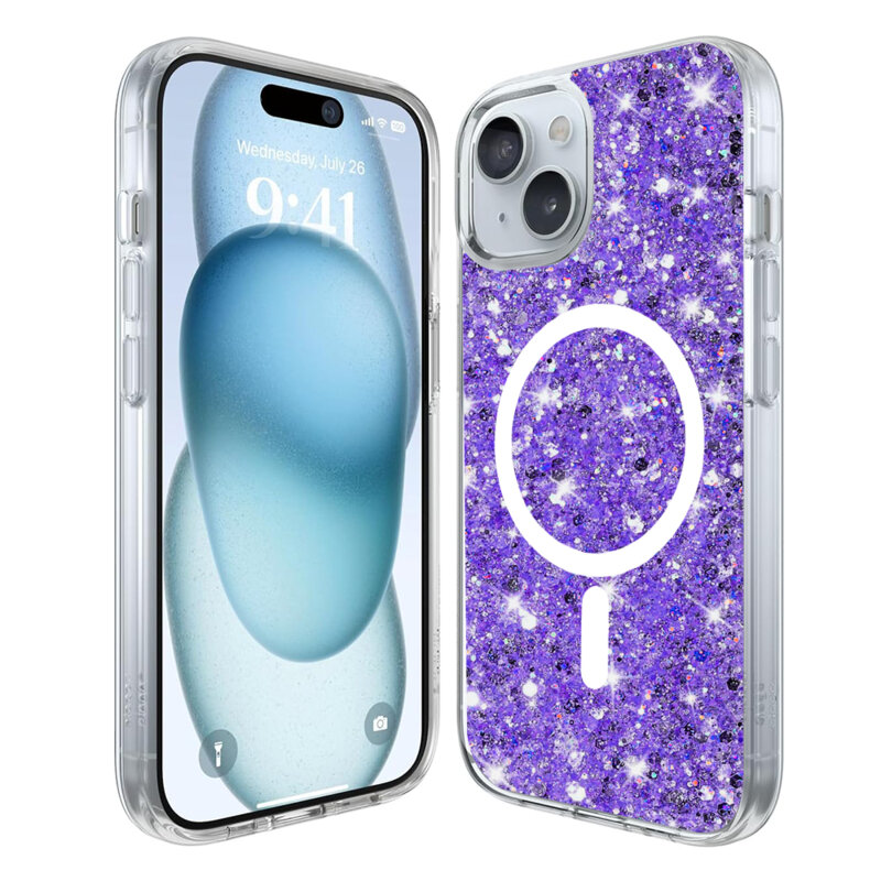 Husa cu sclipici iPhone 15 Techsuit Sparkly Glitter MagSafe, mov