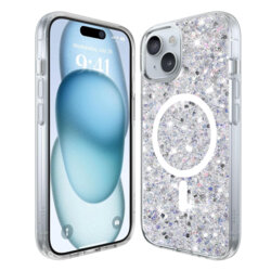 Husa cu sclipici iPhone 15 Techsuit Sparkly Glitter MagSafe, alb