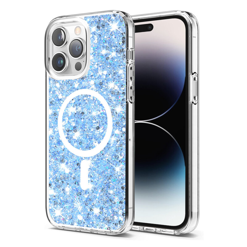 Husa cu sclipici iPhone 14 Pro Max Techsuit Sparkly Glitter MagSafe, bleu
