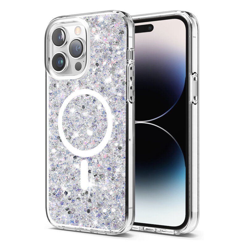 Husa cu sclipici iPhone 14 Pro Max Techsuit Sparkly Glitter MagSafe, alb
