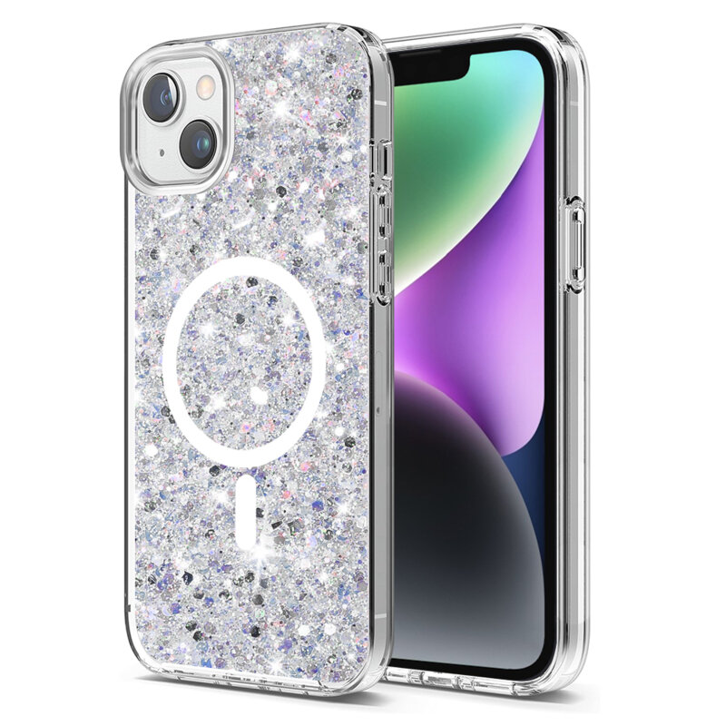 Husa cu sclipici iPhone 14 Plus Techsuit Sparkly Glitter MagSafe, alb